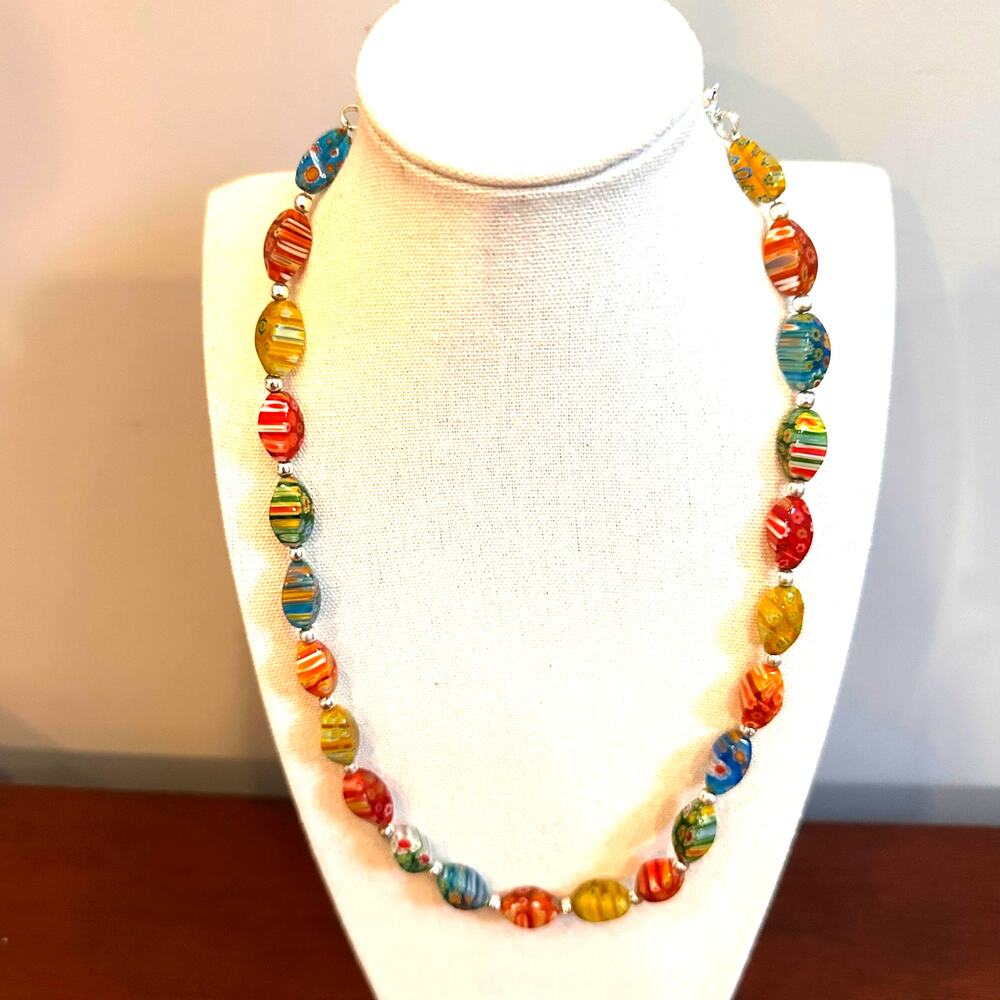 Millefiori Beaded Necklace 925 Sterling Silver Colorful Flower Red Blue Jewelry